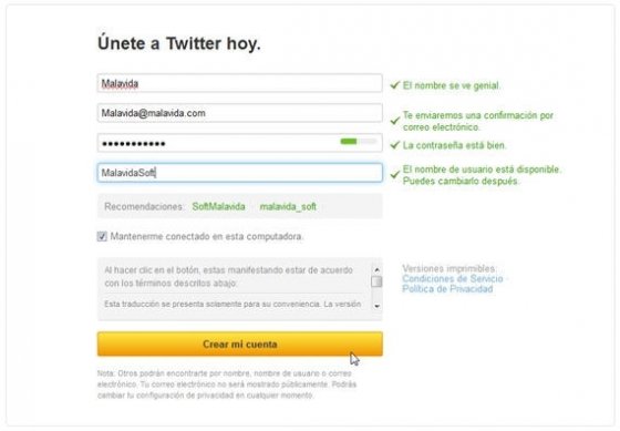 Confirmar registro en Twitter