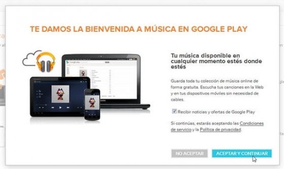 Ventana de inicio en Google Music