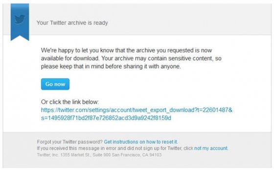 Correo de Twitter para descargar la copia de seguridad
