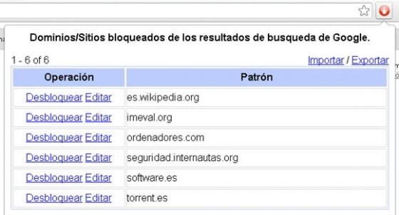 Listado personal de páginas cuyos resultados no quieres ver