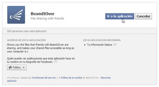 Formulario de instalación de BeammItOver en Facebook
