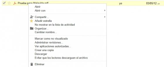 Opciones disponibles para archivos en Google Drive