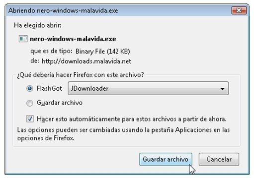 Elegir método de descarga tras pulsar sobre un enlace