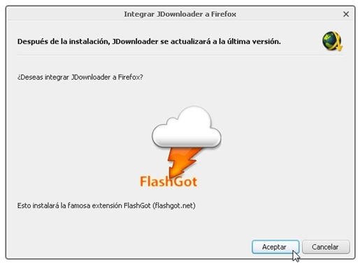Opción de JDownloader para instalar FlashGot de forma automática