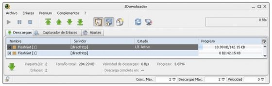 JDownloader en acción, descargando enlaces enviados desde Firefox