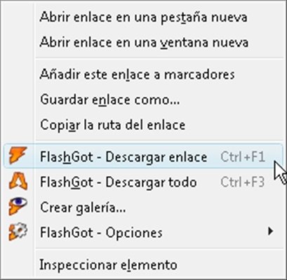 Nuevo menú contextual tras la integración de Firefox y JDownloader a través de FlashGot