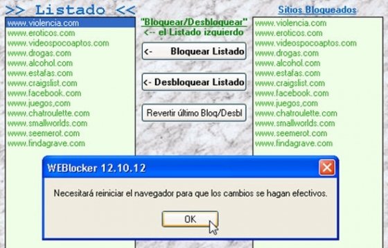 Listado de páginas web a bloquear