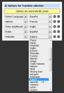 Opciones de traducción configuradas
