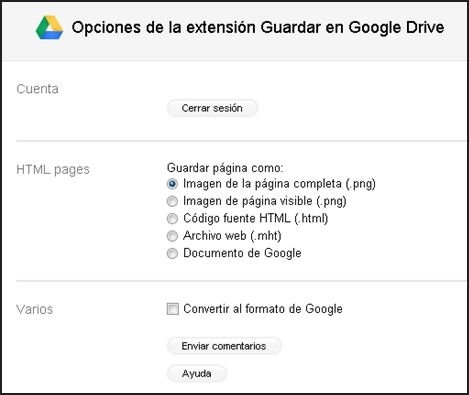 Opciones disponibles para el guardado de páginas web