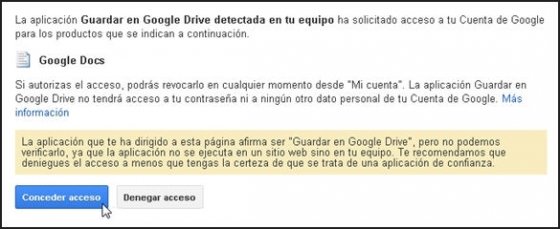 Aceptar permisos para usar Guardar en Google Drive