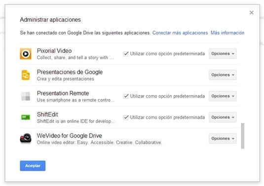 Menú de administración de aplicaciones conectadas