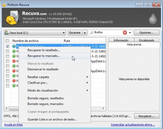 Recuperar un archivo borrado con Recuva