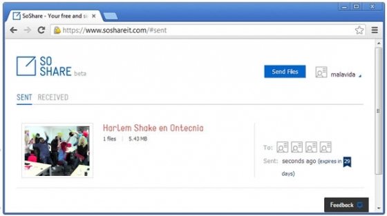 Listado de archivos enviados con SoShare