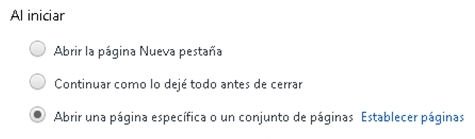 Sección Al iniciar de la configuración