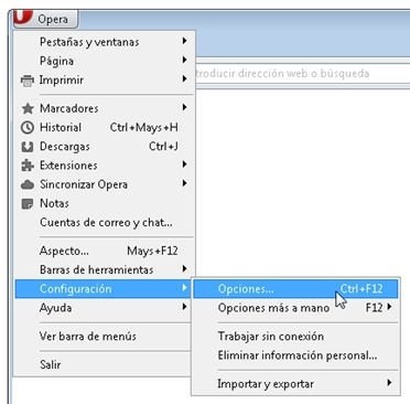 Acceso a las opciones de Opera