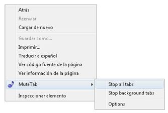 Opciones de MuteTab desde el menú contextual