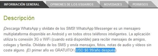 Descripción de WhatsApp en Google Play
