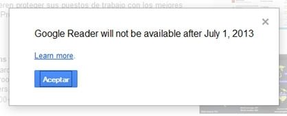 Mennsaje de aviso del fin de Google Reader al acceder