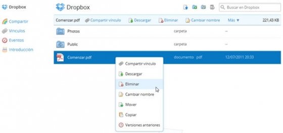 Interfaz web de Dropbox