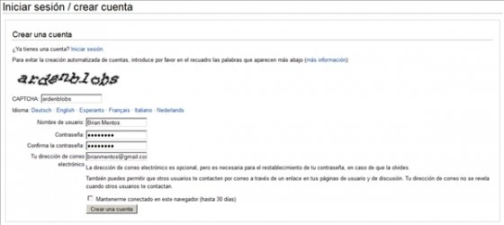 Crear una cuenta en Wikipedia