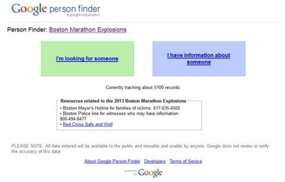 Página de Google Person Finder para la maratón de Bostón