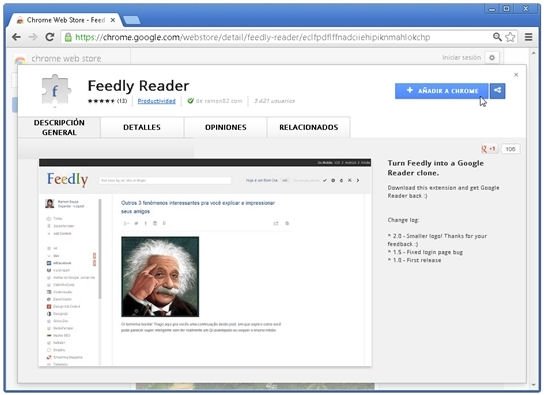 Extensión Feedly Reader en la Chrome Web Store
