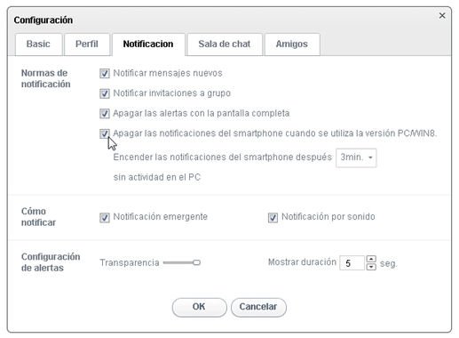 Opciones de configuración de LINE