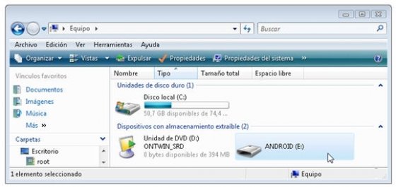 Dispositivo Android visto desde el explorador de Windows