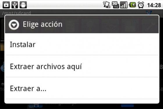 Menú para instalar un archivo APK desde AndroZip