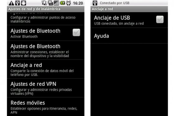 Opción para activar el anclaje USB en un dispositivo Android