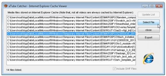 Contenido de la caché de IE visto con aTube Catcher