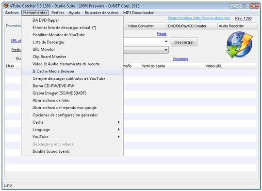 opción del menú herramientas para acceder a la caché de IE