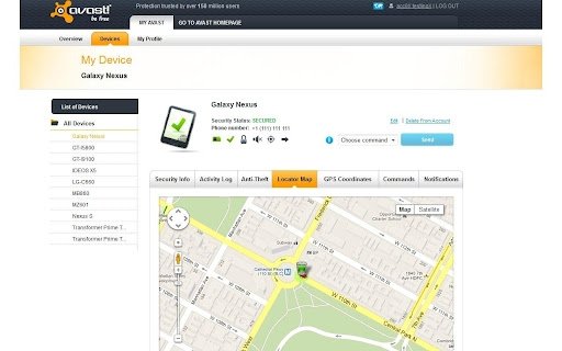 Interfaz web de Avast para localizar teléfonos perdidos o robados