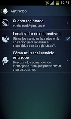 Menú de AVG para Android con opciones antirrobo