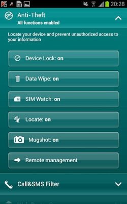 Menú de Kaspersky Mobile Security