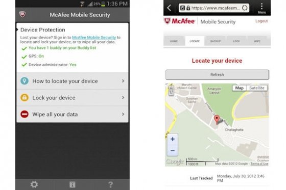 Menú para activar el rastreo en McAfee Mobile Security