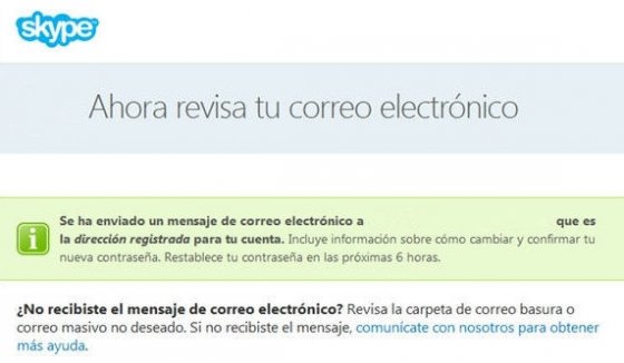 Mensaje de Skype para alertar del envío del correo para restaurar la contraseña