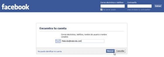 Página para recuperar una cuenta de Facebook