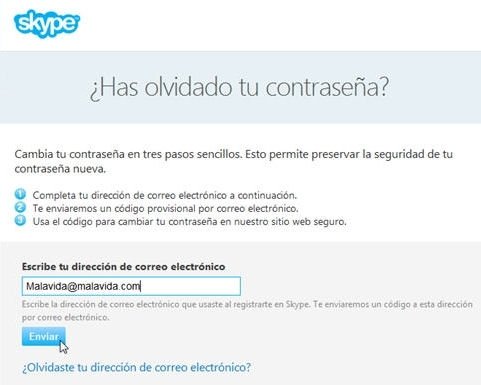 Página de Skype para recuperar la contraseña