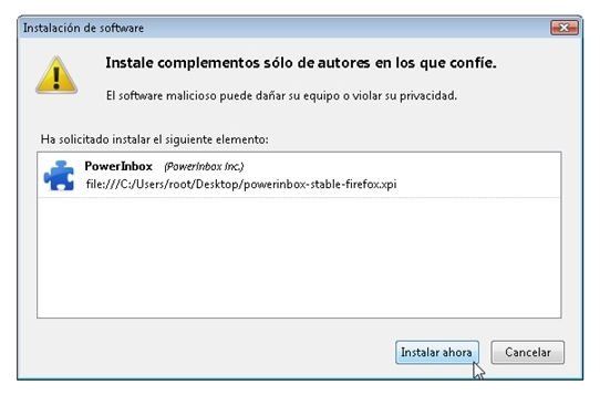 Cuadro de diálogo de la instalación de PowerInbox en Firefox