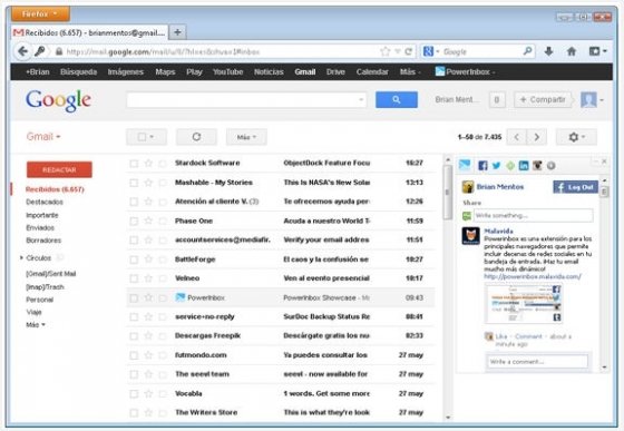 PowerInbox funcionando junto a Facebook en Google Mail