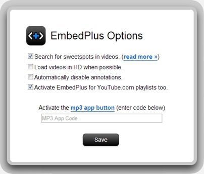 Opciones de la configuración de EmbedPlus instalado
