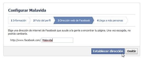 Escribe la dirección de la nueva página de Facebook