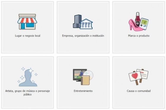 Selecciona el tipo de página de página de Facebook a crear