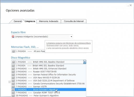 Opciones avanzadas de PrivaZer