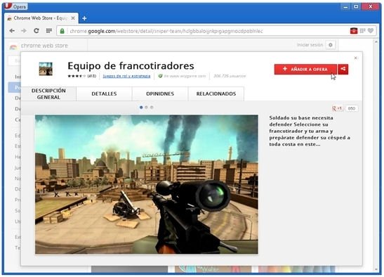 Página de un complemento de Chrome