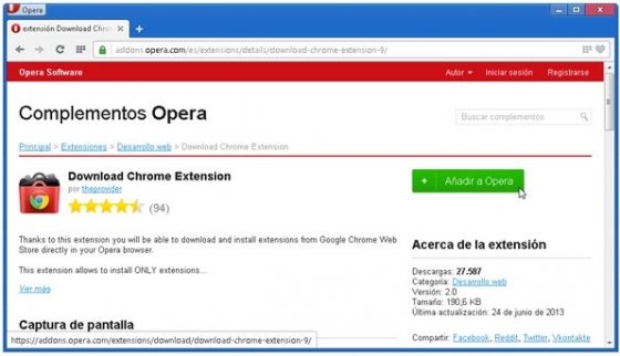 Página del complemento de Opera Download Chrome Extension