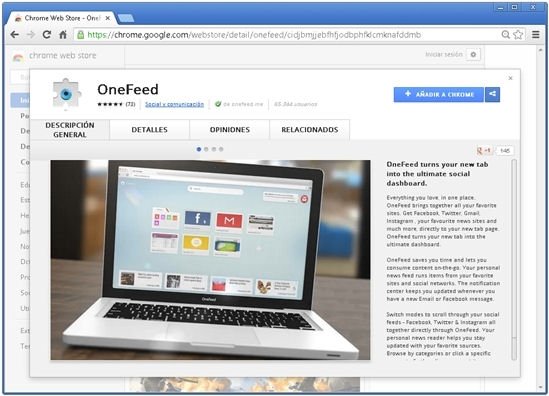 Extensión OneFeed vista en la Chrome App Store
