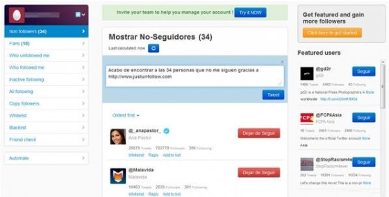Listas de personas que no te siguen