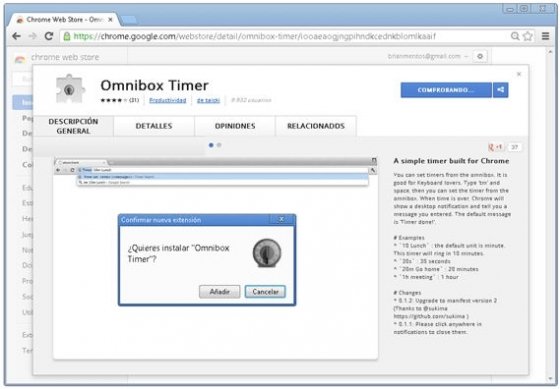 Chrome Web Store con la extensión Omnibox Timer